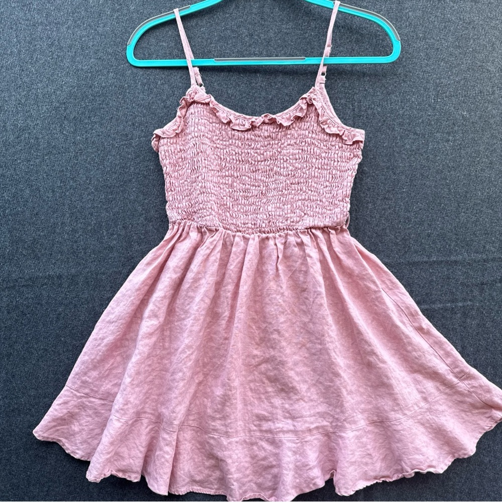 WOMENS MED LINEN DRESS PINK SMOCK FIT FLARE RUFFLES STRAPLESS COQUETTE FEMININE‎